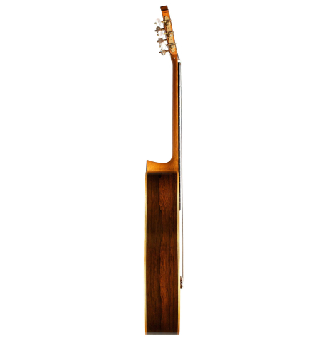 The side of a 2015 Masaki Sakurai "PC" classical guitar made of cedar and CSA rosewood