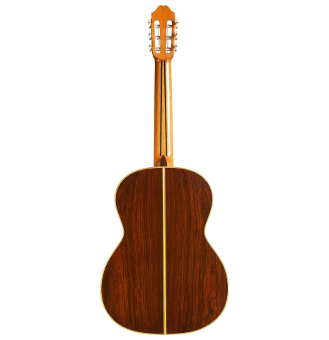 The back of a 2015 Masaki Sakurai "PC" classical guitar made of cedar and CSA rosewood