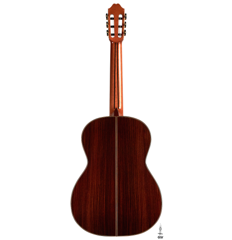 The back of a 2023 Masaki Sakurai "Concert-R" classical guitar made with spruce and Indian rosewood.