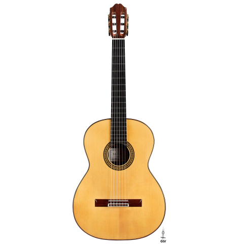The front of a 2023 Masaki Sakurai "Concert-R" classical guitar made with spruce and Indian rosewood.