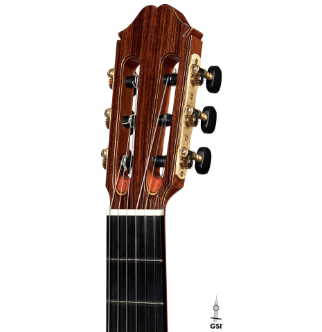 The headstock of a 2023 Masaki Sakurai "Concert-R" classical guitar made with spruce and Indian rosewood.