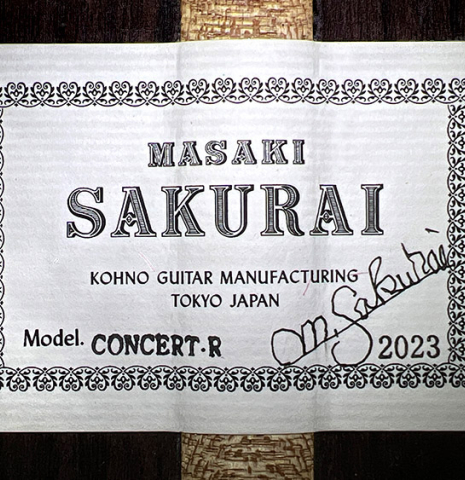 The label of a 2023 Masaki Sakurai "Concert-R" classical guitar made with spruce and Indian rosewood.