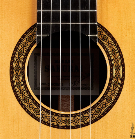 The rosette of a 2023 Masaki Sakurai "Concert-R" classical guitar made with spruce and Indian rosewood.