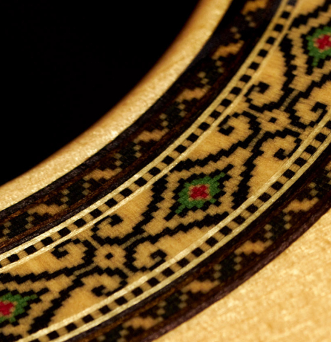 The rosette of a 2023 Masaki Sakurai "Concert-R" classical guitar made with spruce and Indian rosewood.