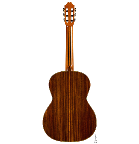 The back of a 2025 Masaki Sakurai "Concert-R" classical guitar made of spruce and Indian rosewood