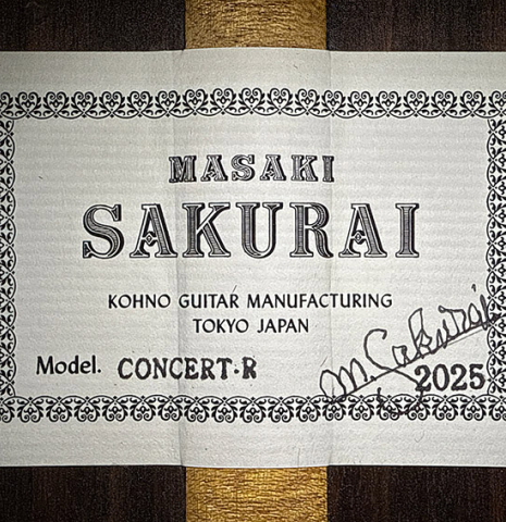 The label of a 2025 Masaki Sakurai "Concert-R" classical guitar made of spruce and Indian rosewood