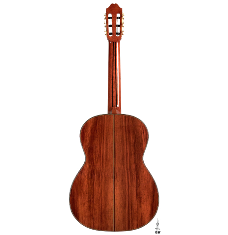 The back of a 2023 Masaki Sakurai "Special" classical guitar made with spruce and CSA rosewood on a white background.