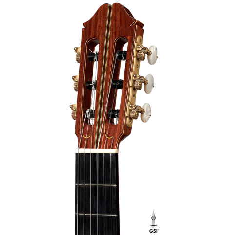 The headstock of a 2023 Masaki Sakurai "Special" classical guitar made with spruce and CSA rosewood on a white background.