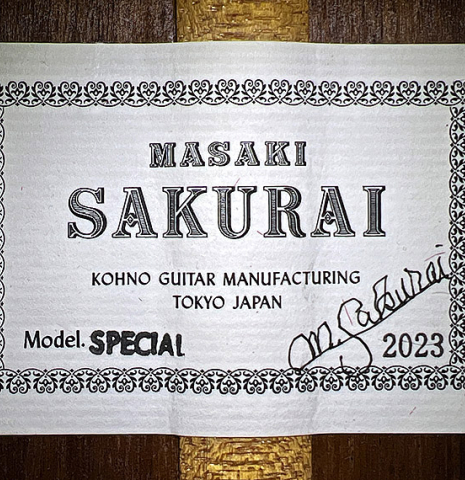The label of a 2023 Masaki Sakurai "Special" classical guitar made with spruce and CSA rosewood.