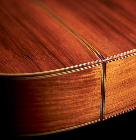 The back and sides at the foot of a 2023 Masaki Sakurai "Special" classical guitar made with spruce and CSA rosewood.