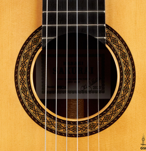The rosette of a 2023 Masaki Sakurai "Special" classical guitar made with spruce and CSA rosewood.