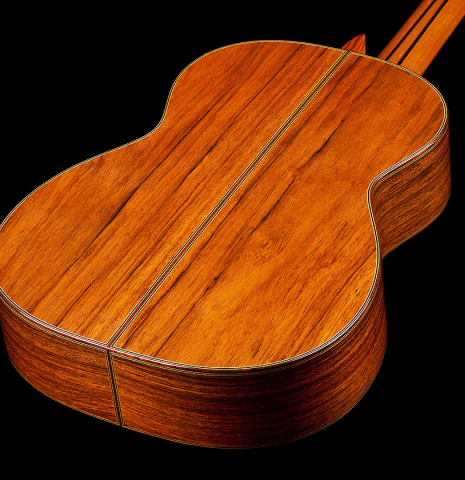 The back and sides of a 2024 Masaki Sakurai "Special" classical guitar made with spruce and African rosewood.
