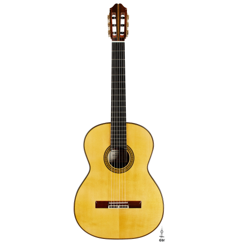 The front of a 2024 Masaki Sakurai "Special" classical guitar made with spruce and African rosewood.
