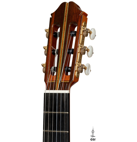 The headstock of a 2024 Masaki Sakurai "Special" classical guitar made with spruce and African rosewood.