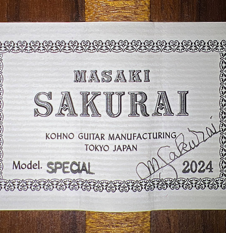 The label of a 2024 Masaki Sakurai "Special" classical guitar made with spruce and African rosewood.