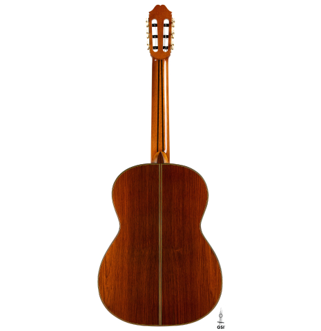 The back of a 2025 Masaki Sakurai "Special" classical guitar made with spruce and African rosewood.