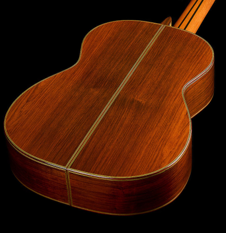 The back and sides of a 2025 Masaki Sakurai "Special" classical guitar made with spruce and African rosewood.