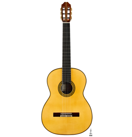 The front of a 2025 Masaki Sakurai "Special" classical guitar made with spruce and African rosewood.