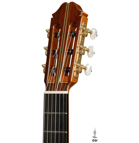 The headstock of a 2025 Masaki Sakurai "Special" classical guitar made with spruce and African rosewood.