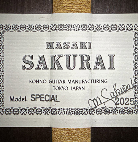 The label of a 2025 Masaki Sakurai "Special" classical guitar made with spruce and African rosewood.