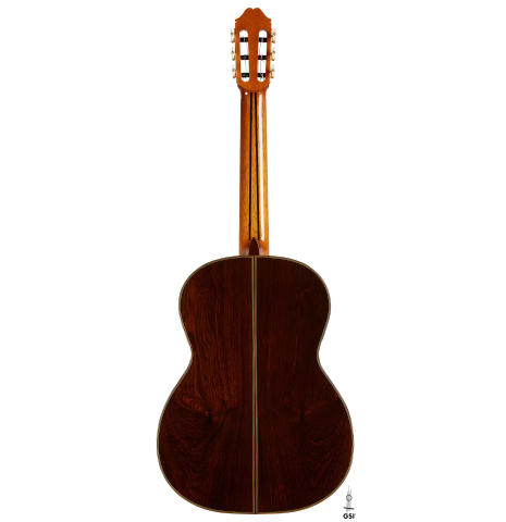 The back of a 2025 Masaki Sakurai "Special" classical guitar made of cedar and African rosewood