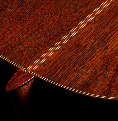 The heel, back binding and purfling of a 2025 Masaki Sakurai "Special" classical guitar made of cedar and African rosewood