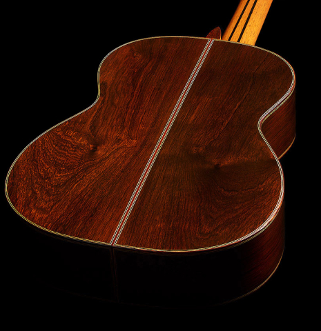The back and sides of a 2025 Masaki Sakurai "Special" classical guitar made of cedar and African rosewood