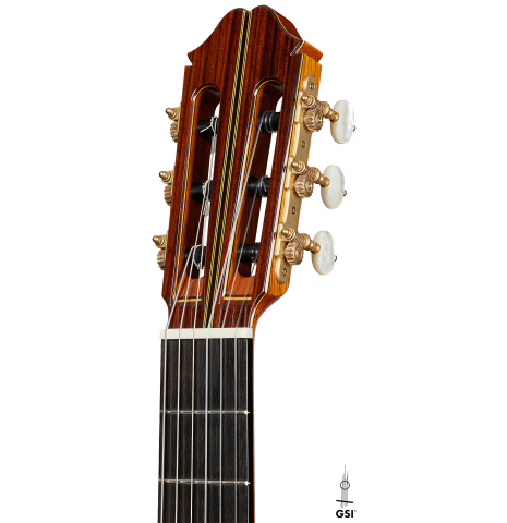 The headstock of a 2025 Masaki Sakurai "Special" classical guitar made of cedar and African rosewood