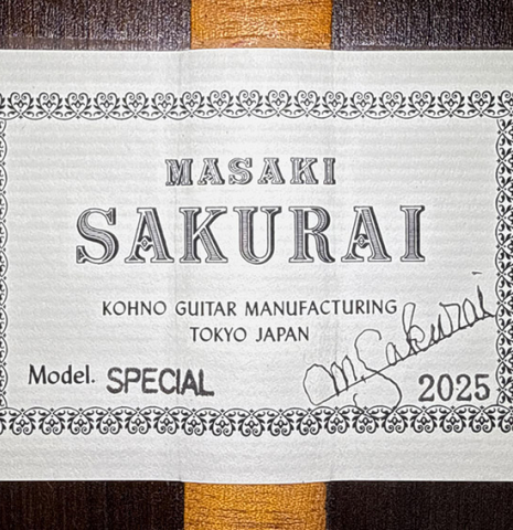 The label of a 2025 Masaki Sakurai "Special" classical guitar made of cedar and African rosewood