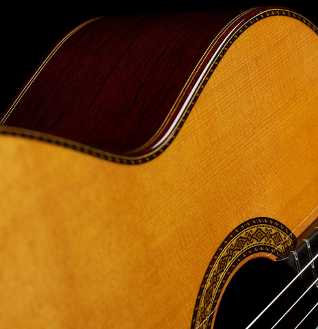The soundboard of a 2025 Masaki Sakurai "Special" classical guitar made of cedar and African rosewood