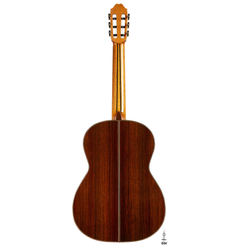 The back of a 2025 Masaki Sakurai "Concert-R" classical guitar made of cedar and Indian rosewood