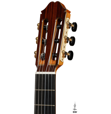 The headstock of a 2025 Masaki Sakurai "Concert-R" classical guitar made of cedar and Indian rosewood