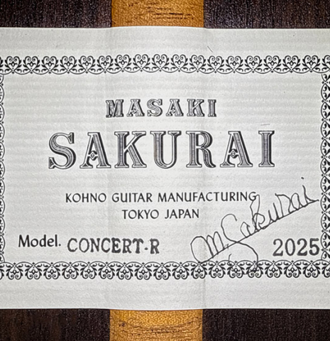 The label of a 2025 Masaki Sakurai "Concert-R" classical guitar made of cedar and Indian rosewood