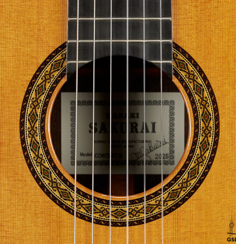 The rosette of a 2025 Masaki Sakurai "Concert-R" classical guitar made of cedar and Indian rosewood