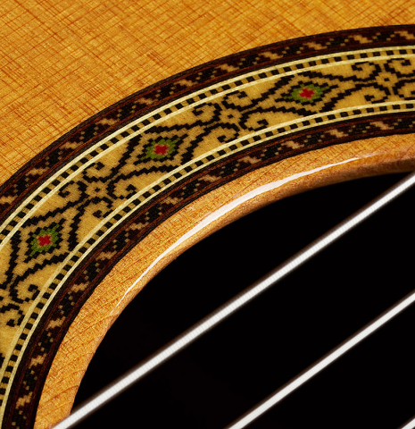 The soundboard and rosette detail of a 2025 Masaki Sakurai "Concert-R" classical guitar made of cedar and Indian rosewood
