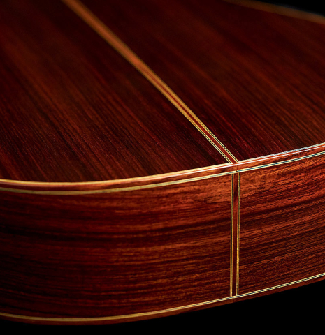 The back and sides of 2022 Masaki Sakurai "Concert-R 640" classical guitar made with cedar and Indian rosewood