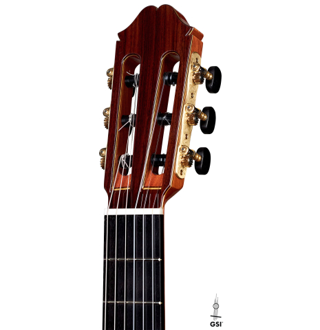 The headstock and machine heads of 2022 Masaki Sakurai "Concert-R 640" classical guitar made with cedar and Indian rosewood