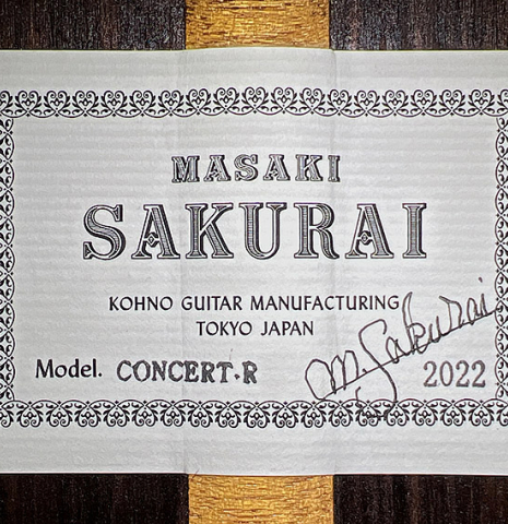 The label of 2022 Masaki Sakurai "Concert-R 640" classical guitar made with cedar and Indian rosewood