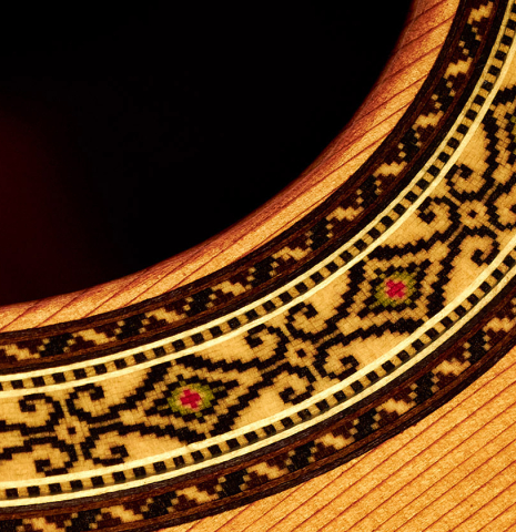 The close-up of a rosette of 2022 Masaki Sakurai &quot;Concert-R 640&quot; classical guitar made with cedar and Indian rosewood