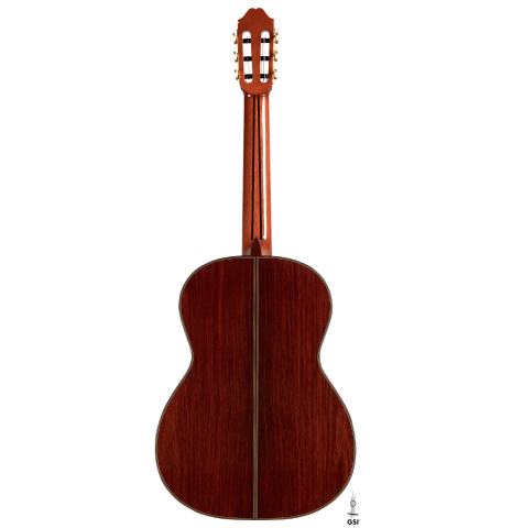 The back of a 2023 Masaki Sakurai "Special 640" classical guitar made of spruce and CSA rosewood on a white background.