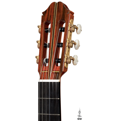 The headstock of a 2023 Masaki Sakurai "Special 640" classical guitar made of spruce and CSA rosewood on a white background.