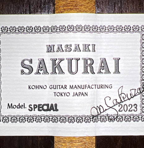 The label of a 2023 Masaki Sakurai "Special 640" classical guitar made of spruce and CSA rosewood.