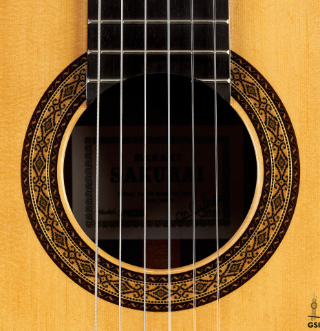 The rosette of a 2023 Masaki Sakurai "Special 640" classical guitar made of spruce and CSA rosewood.