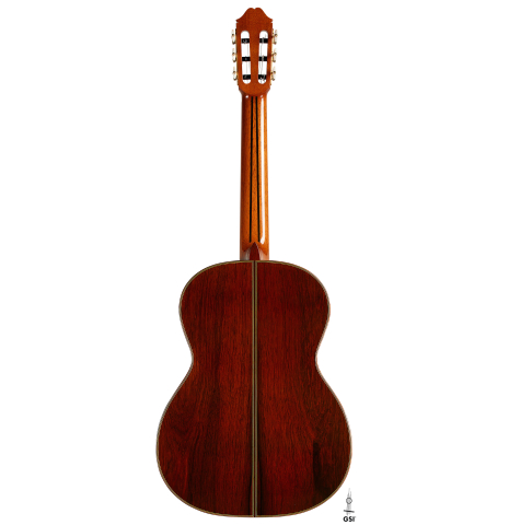 The back of a 2024 Masaki Sakurai "Special 640" classical guitar made of cedar and African rosewood