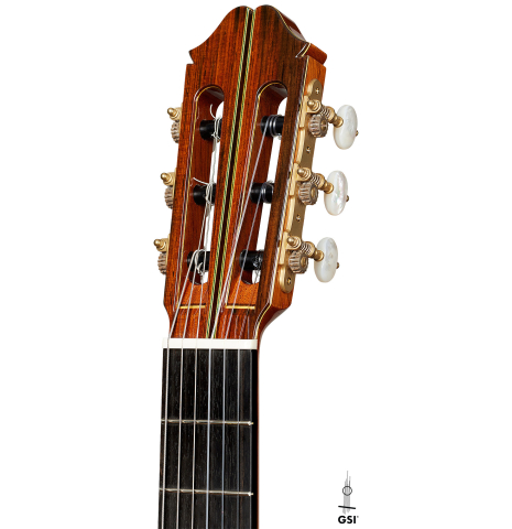 The headstock of a 2024 Masaki Sakurai "Special 640" classical guitar made of cedar and African rosewood