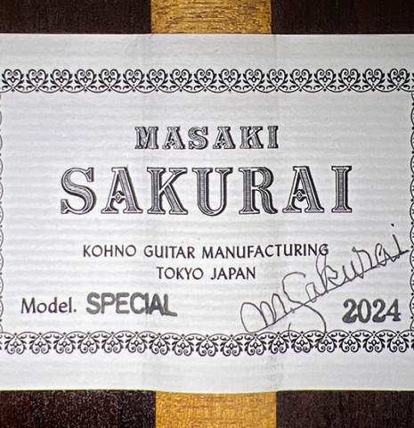 The label of a 2024 Masaki Sakurai "Special 640" classical guitar made of cedar and African rosewood