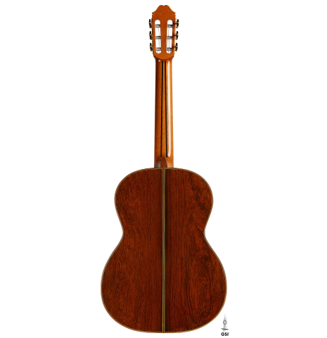 The back of a 2017 Masaki Sakurai "Maestro RF" classical guitar made of spruce and African rosewood