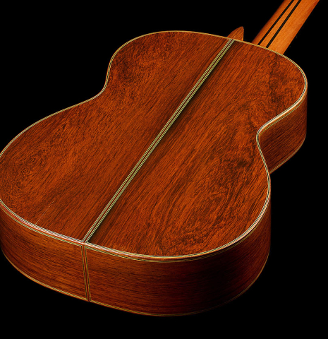 The back and sides of a 2017 Masaki Sakurai "Maestro RF" classical guitar made of spruce and African rosewood