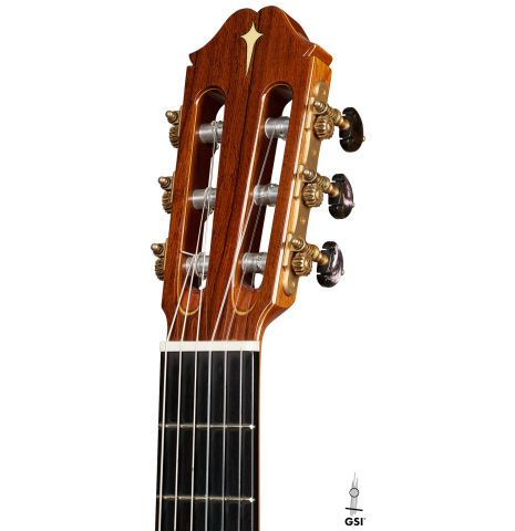 The headstock of a 2017 Masaki Sakurai "Maestro RF" classical guitar made of spruce and African rosewood