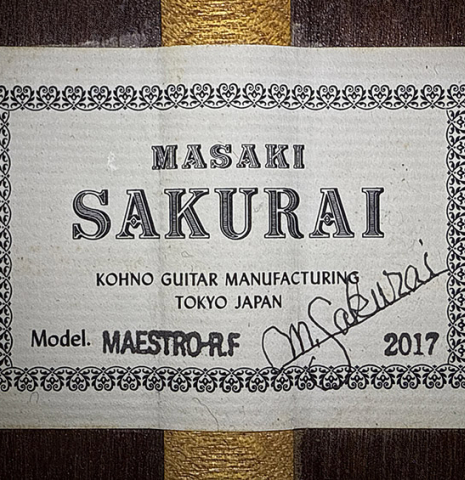 The label of a 2017 Masaki Sakurai "Maestro RF" classical guitar made of spruce and African rosewood
